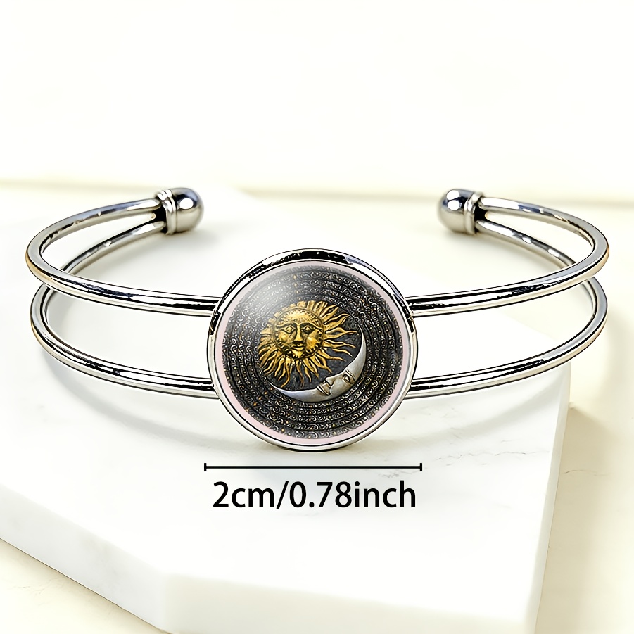 Adjustable Open Bangle Bracelet with Round Time Gemstone Inlay